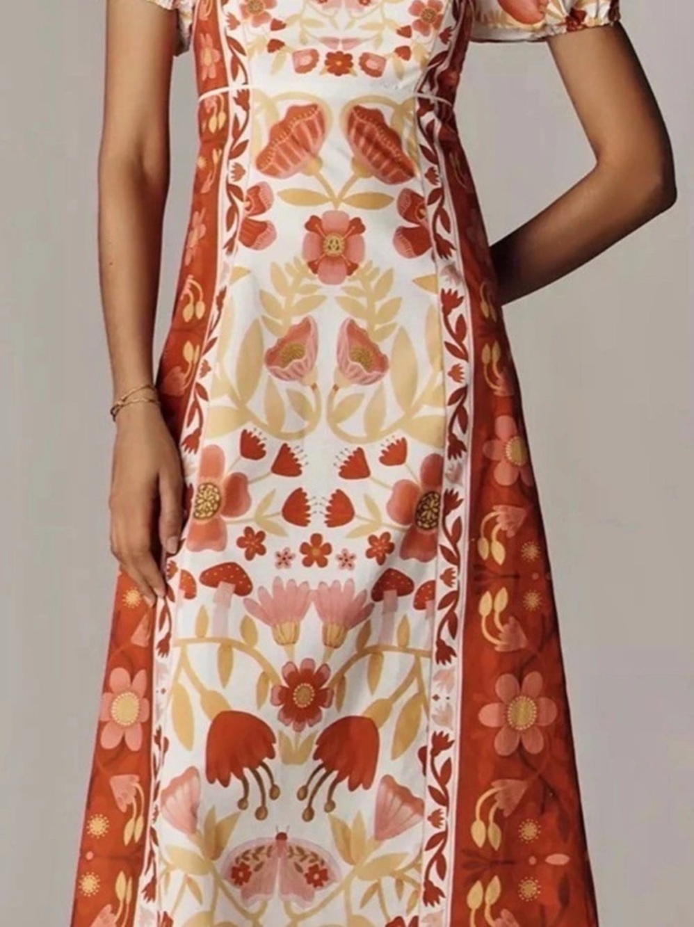 Farm Rio Puff-Sleeve Square-Neck Midi Dress Floral Maxi Dress in Red & White